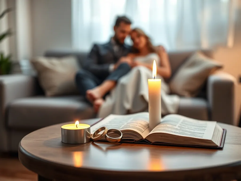 Małżeńskie obrączki, świeca i otwarta Biblia na stole, w tle małżonkowie modlący się razem o zgodę i jedność