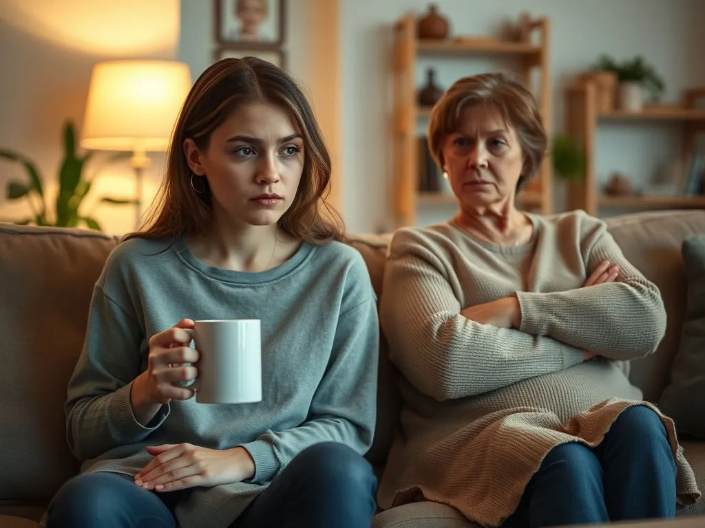 Dorosła córka smutno siedzi z kubkiem na kanapie obok obrażonej matki, ukazując napięcie i zazdrość w relacji.