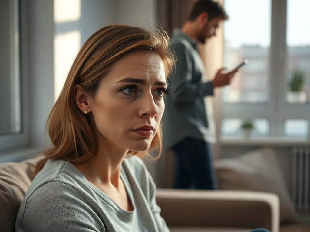 Zam yślona kobieta na kanapie, zaniepokojona, w tle partner odwrócony plecami i zajęty telefonem, ch łód emocjonalny.