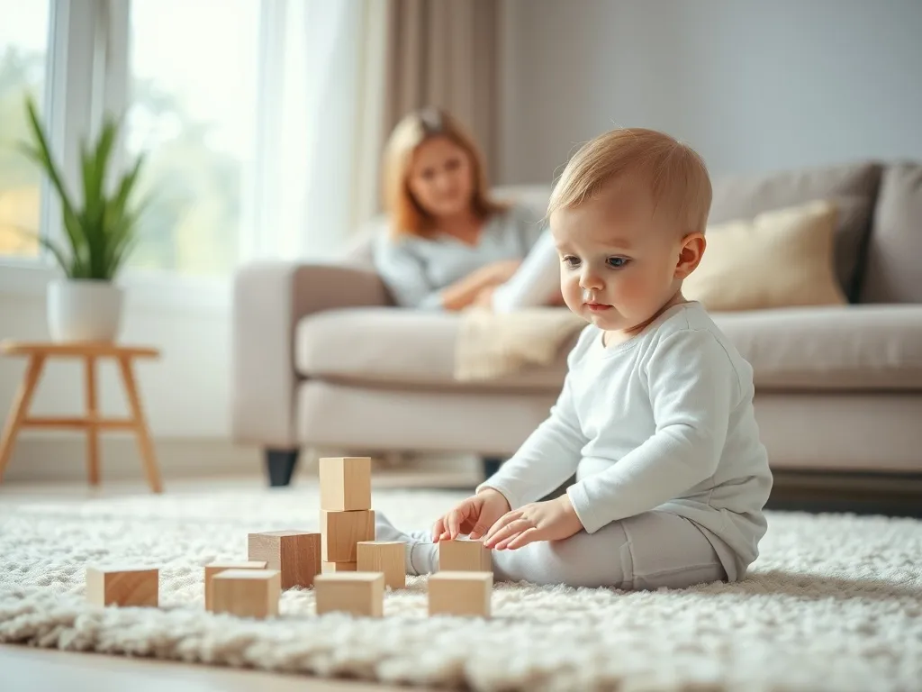 Spokojnie bawiące się klockami dziecko, obserwowane z troską przez lekko zestresowaną mamę w jasnym salonie