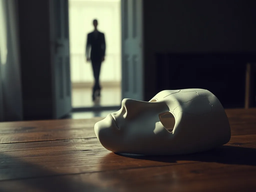 Pęknięta porcelanowa maska na stole, w tle odchodząca postać – symbol zranionego, kruchego ego narcyza po rozstaniu.