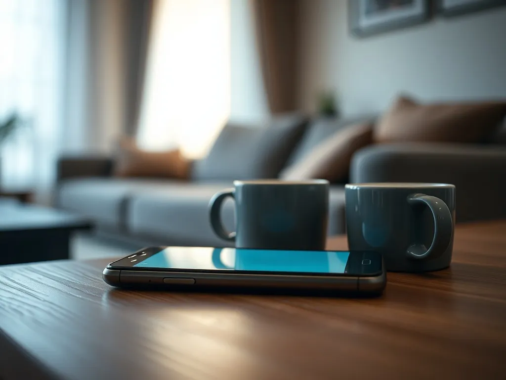Smartfon z powiadomieniem czatu obok odsuniętego kubka kawy, sugerujący podejrzenie zdrady i napiętą atmosferę w związku.