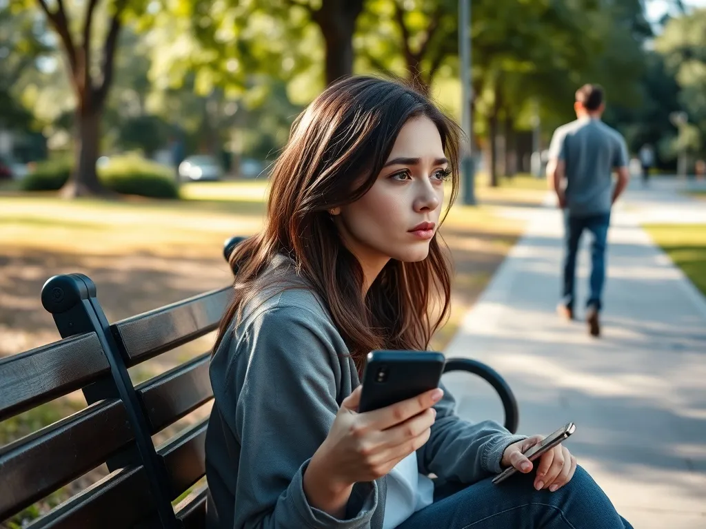 Kobieta samotnie siedzi na ławce w parku ze zgaszonym telefonem, zamyślona i smutna, podczas gdy mężczyzna odchodzi w dal.