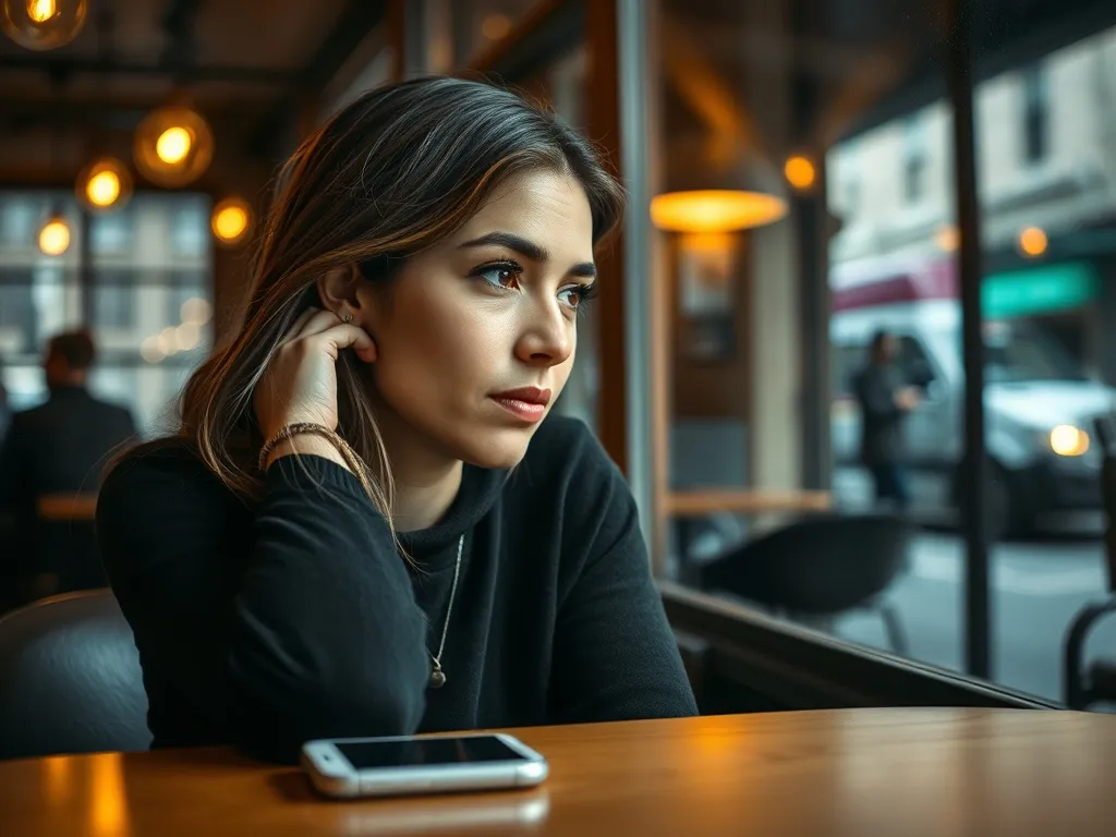 Zamyślona kobieta w kawiarni spogląda w okno na telefon leżący na stole, zastanawiając się nad zachowaniem partnera