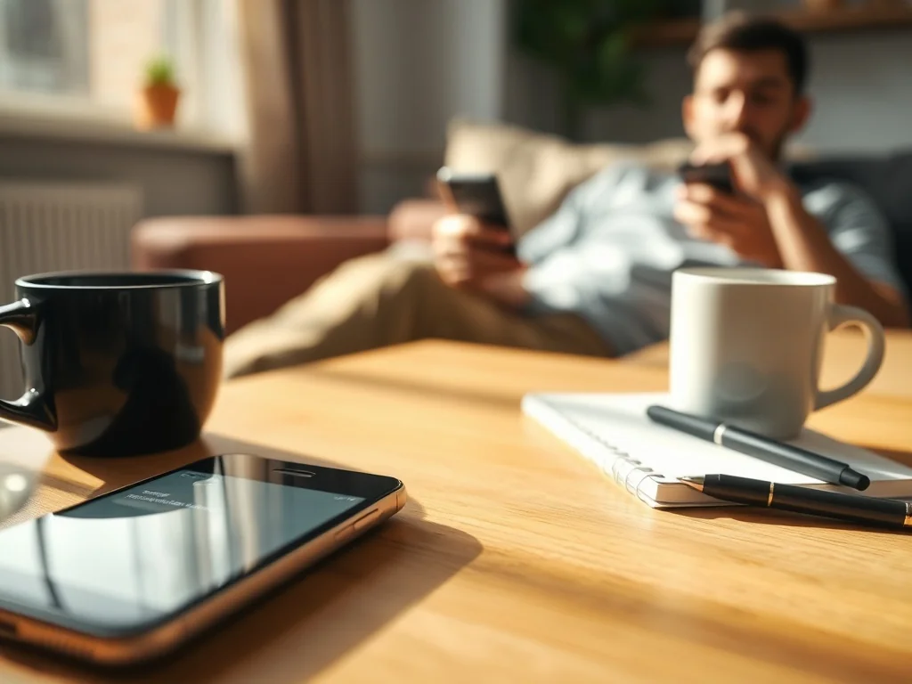 Telefon z powiadomieniem o nowej wiadomości na stole, w tle zamyślony mężczyzna z telefonem – sygnał odnowienia kontaktu.