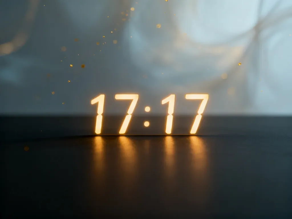 Cyfrowe liczby „17:17” świecące ciepłym, złotym światłem na ciemnym tle, tworzące mistyczną i senną atmosferę.