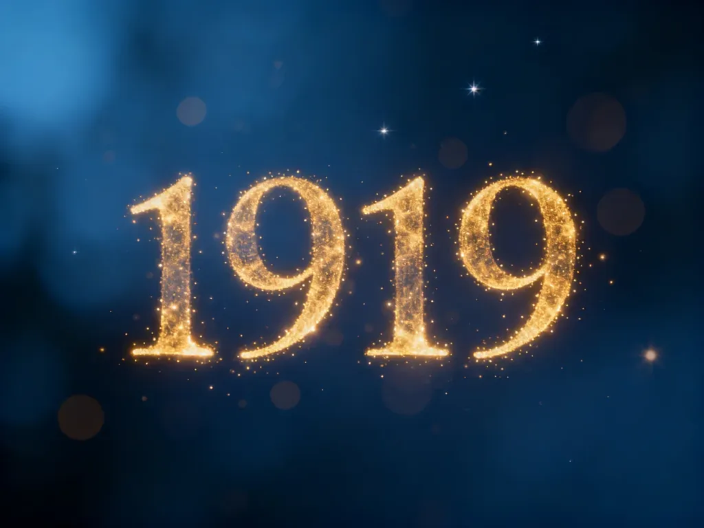 Eteryczna, złota liczba 1919 unosząca się na ciemnoniebieskim tle, symbolizująca duchowe znaczenie tej sekwencji.