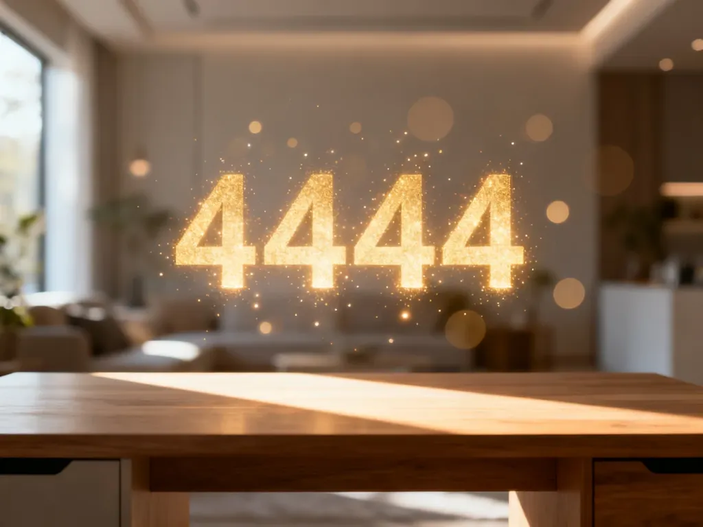 Świetlista liczba 444 unosząca się nad minimalistycznym biurkiem w spokojnym, domowym wnętrzu.