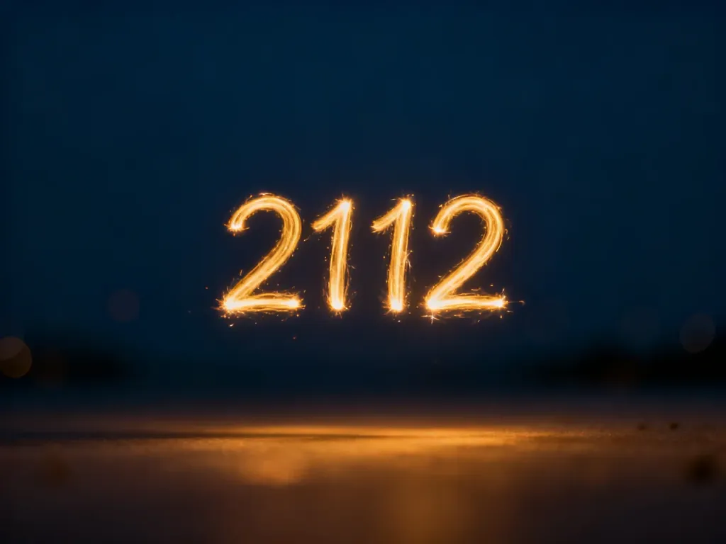 Złocista, świecąca liczba 2112 na ciemnoniebieskim tle, symbolizująca mistyczne znaczenie tej sekwencji w numerologii.