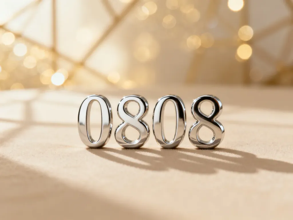 Srebrne cyfry 0808 na beżowym tle w otoczeniu delikatnego, złotego światła, symbolizujące numerologiczną moc tej liczby.