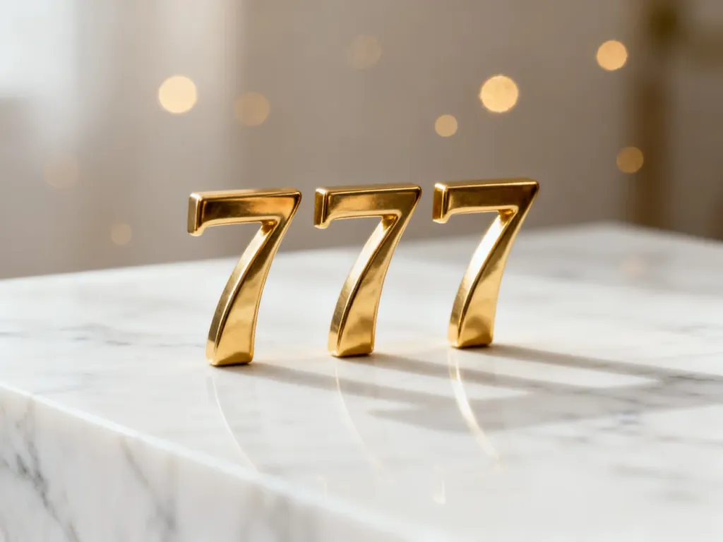 Złota liczba „777” na marmurowym tle, symbolizująca duchowość i szczęście w numerologii.