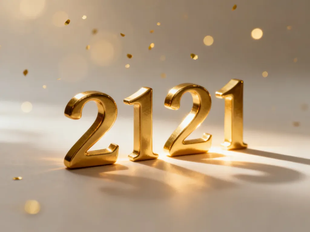 Złote cyfry 2121 w delikatnym, eterycznym świetle, symbolizujące duchowe znaczenie tej liczby w numerologii.