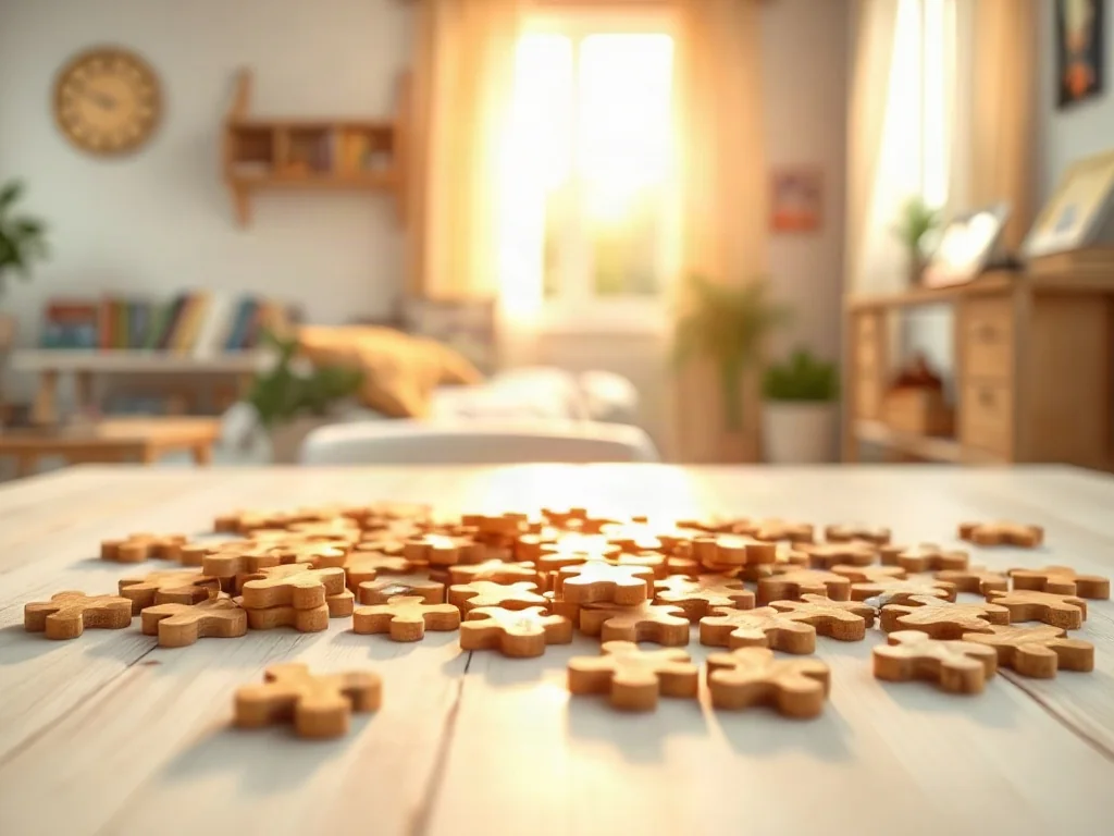 Kolorowe drewniane puzzle na biurku, zachęcające dziecko do kreatywnej zabawy i ćwiczenia koncentracji.