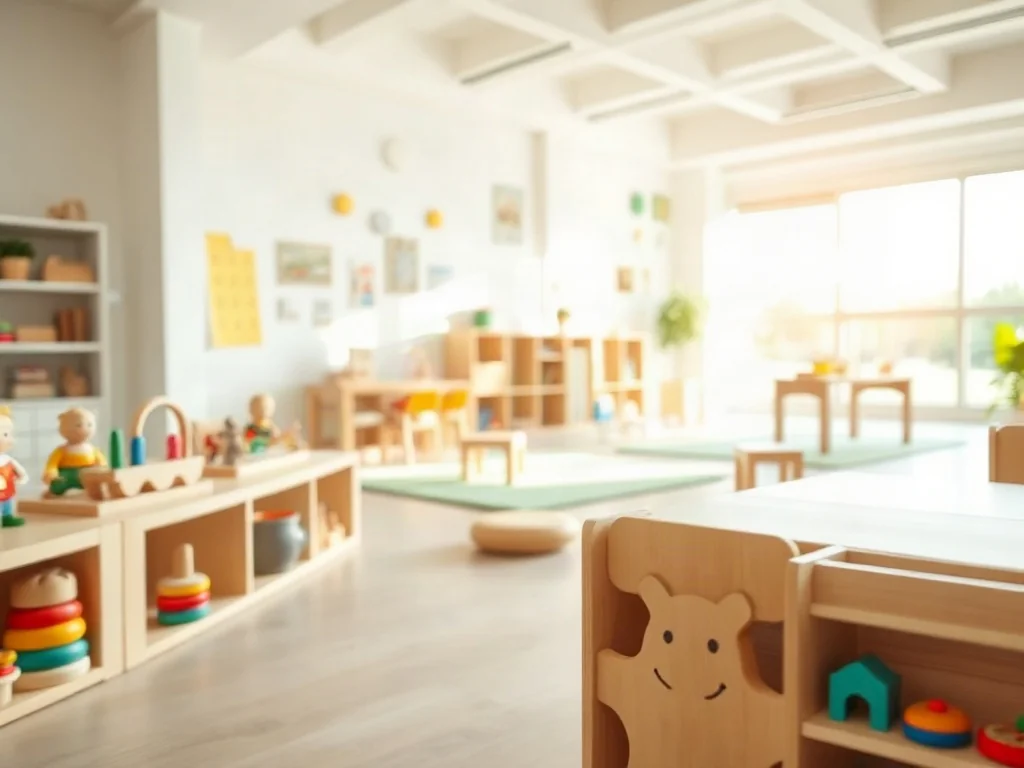 Nowoczesna, jasna sala przedszkolna z drewnianymi zabawkami edukacyjnymi i bezpiecznym wyposażeniem w stylu Montessori.